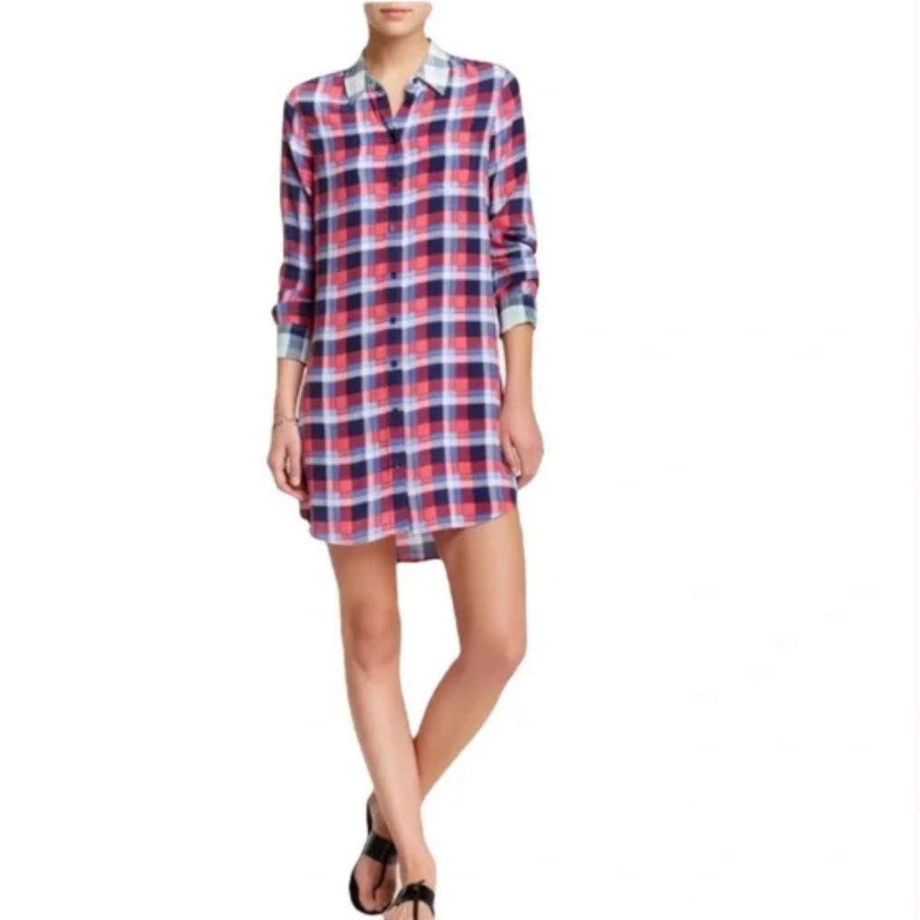 Equipment Long Sleeve Plaid Silk Shirtdress Button Front Light Weight